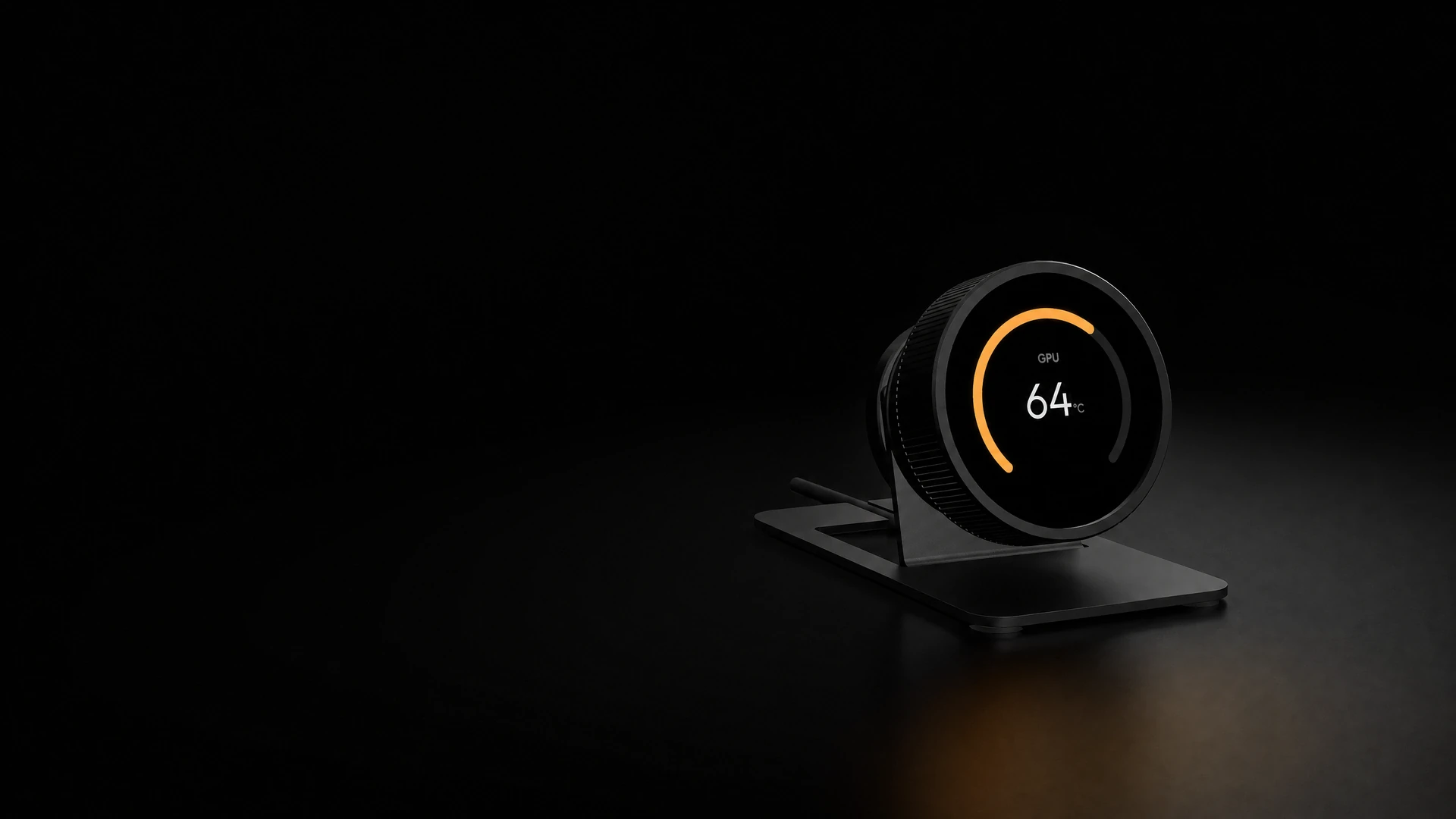nob. steht auf einem schwarzen Stahlständer, die runde Anzeige zeigt GPU 64 °C mit einem Bogen in Amber